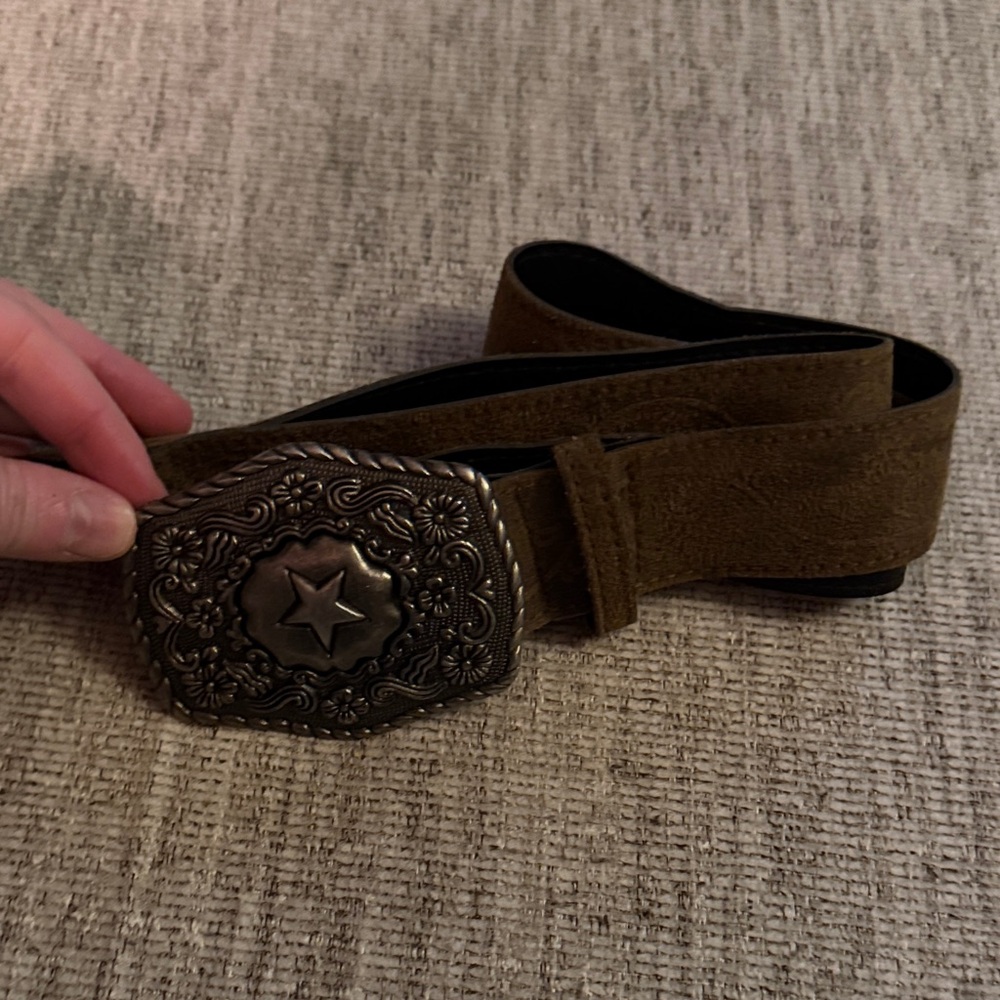 Brown Suede like Belt with Silver Buckle
